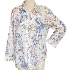 Eden & Olivia Floral Blouse Sz XL Roll Tab Sleeve  100% Cotton 227E